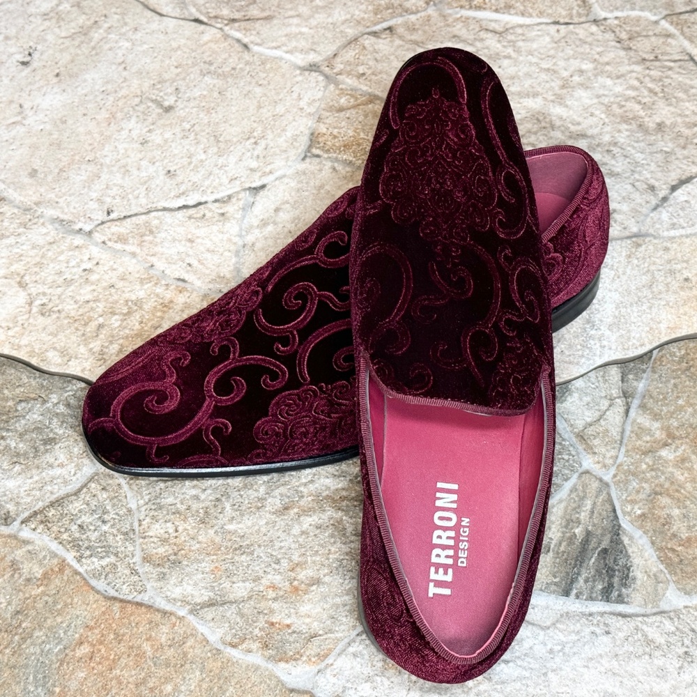 Terroni Burgundy Men's Slip-On Dress Shoe-Faux Suede-Paisley Print-Fashionable